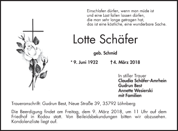 Traueranzeige von Lotte Schäfer von Bergsträßer Anzeiger