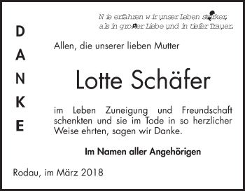 Traueranzeige von Lotte Schäfer von Bergsträßer Anzeiger