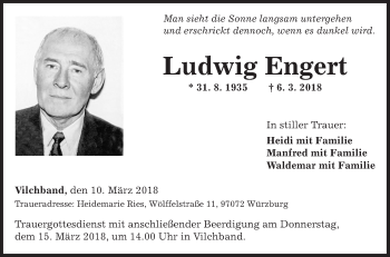 Traueranzeige von Ludwig Engert von Fränkische Nachrichten