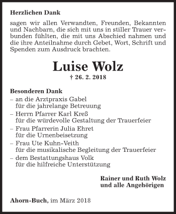 Traueranzeige von Luise Wolz von Fränkische Nachrichten