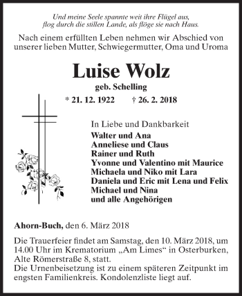 Traueranzeige von Luise Wolz von Fränkische Nachrichten