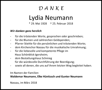 Traueranzeige von Lydia Neumann von Fränkische Nachrichten