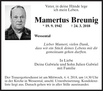 Traueranzeige von Mamertus Breunig von Fränkische Nachrichten