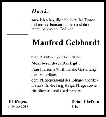 Traueranzeige von Manfred Gebhardt von Fränkische Nachrichten