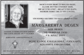 Traueranzeige von Margarehta Degen von Bergsträßer Anzeiger