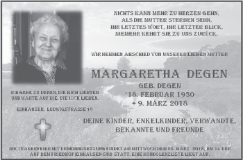 Traueranzeige von Margaretha Degen von Bergsträßer Anzeiger