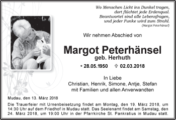 Traueranzeige von Margot Peterhänsel von Fränkische Nachrichten