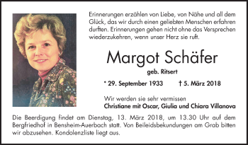 Traueranzeige von Margot Schäfer von Bergsträßer Anzeiger