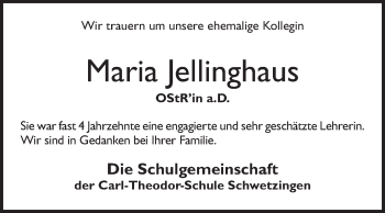 Traueranzeige von Maria Jellinghaus von Schwetzinger Zeitung