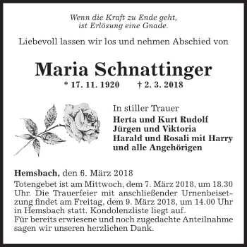 Traueranzeige von Maria Schnattinger von Fränkische Nachrichten