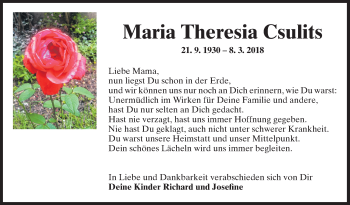 Traueranzeige von Maria Theresia Csulits von Fränkische Nachrichten