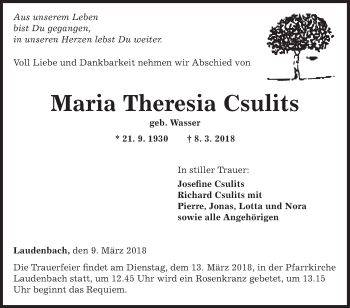 Traueranzeige von Maria Theresia Csulits von Fränkische Nachrichten