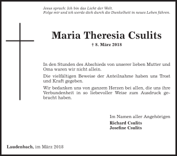 Traueranzeige von Maria Theresia Csulits von Fränkische Nachrichten