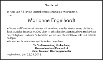 Traueranzeige von Marianne Engelhardt von Schwetzinger Zeitung