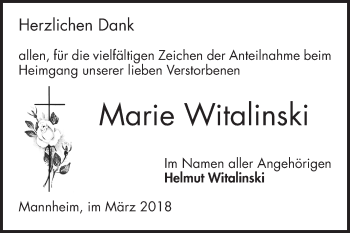 Traueranzeige von Marie Witalinski von Mannheimer Morgen