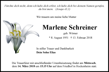 Traueranzeige von Marlene Schreiner von Schwetzinger Zeitung
