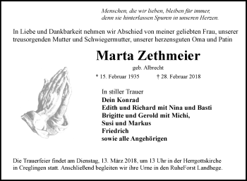 Traueranzeige von Marta Zethmeier von Fränkische Nachrichten