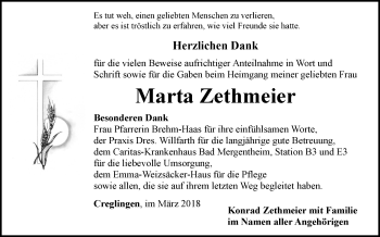 Traueranzeige von Marta Zethmeier von Fränkische Nachrichten