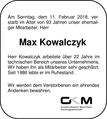 Traueranzeige von Max Kowalczyk von Mannheimer Morgen