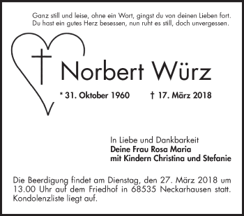 Traueranzeige von Norbert Würz von Mannheimer Morgen