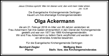 Traueranzeige von Olga Ackermann von Fränkische Nachrichten