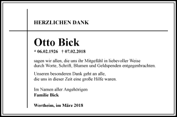 Traueranzeige von Otto Bick von Fränkische Nachrichten