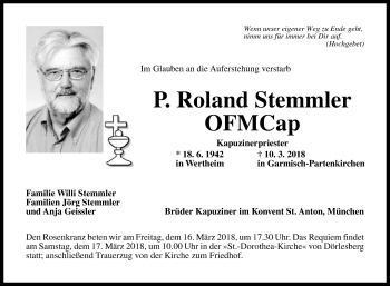 Traueranzeige von P. Roland Stemmler von Fränkische Nachrichten