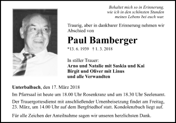 Traueranzeige von Paul Bamberger von Fränkische Nachrichten