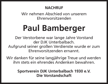 Traueranzeige von Paul Bamberger von Fränkische Nachrichten