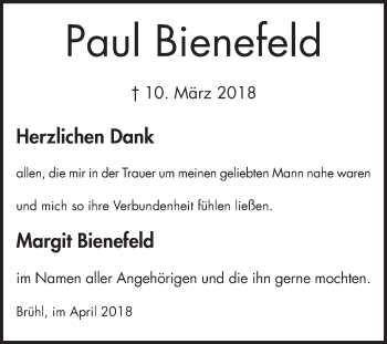 Traueranzeige von Paul Bienefeld von Schwetzinger Zeitung