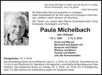 Traueranzeige von Paula Michelbach von Fränkische Nachrichten