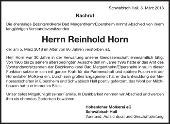 Traueranzeige von Reinhold Horn von Fränkische Nachrichten