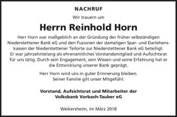 Traueranzeige von Reinhold Horn von Fränkische Nachrichten