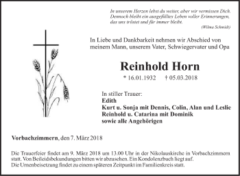 Traueranzeige von Reinhold Horn von Fränkische Nachrichten