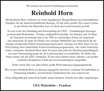 Traueranzeige von Reinhold Horn von Fränkische Nachrichten