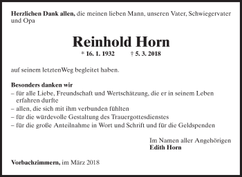 Traueranzeige von Reinhold Horn von Fränkische Nachrichten