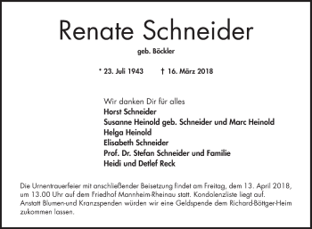 Traueranzeige von Renate Schneider von Mannheimer Morgen