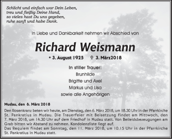 Traueranzeige von Richard Weismann von Fränkische Nachrichten