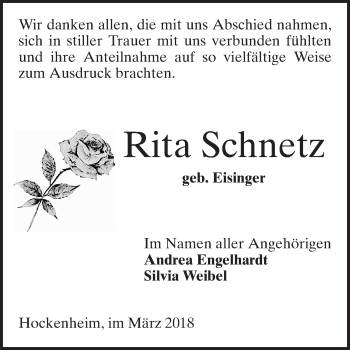 Traueranzeige von Rita Schnetz von Schwetzinger Zeitung