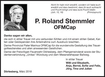 Traueranzeige von P. Roland Stemmler von Fränkische Nachrichten