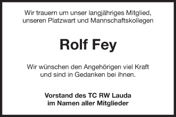 Traueranzeige von Rolf Fey von Fränkische Nachrichten