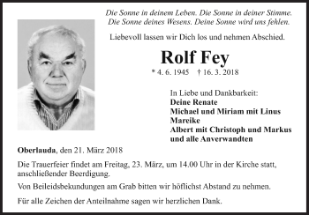 Traueranzeige von Rolf Fey von Fränkische Nachrichten