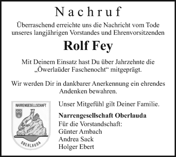 Traueranzeige von Rolf Fey von Fränkische Nachrichten