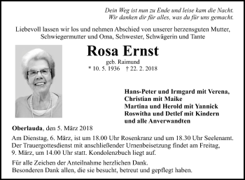 Traueranzeige von Rosa Ernst von Fränkische Nachrichten