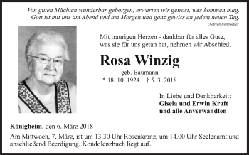 Traueranzeige von Rosa Winzig von Fränkische Nachrichten