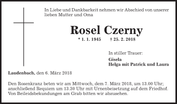 Traueranzeige von Rosel Czerny von Fränkische Nachrichten