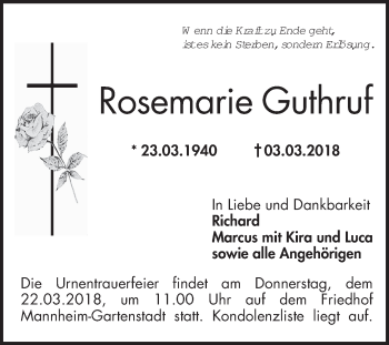 Traueranzeige von Rosemarie Guthruf von Mannheimer Morgen