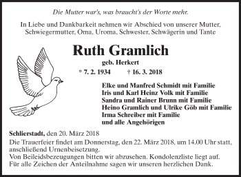 Traueranzeige von Ruth Gramlich von Fränkische Nachrichten