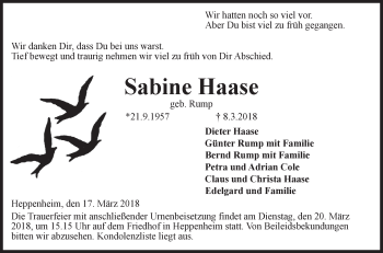 Traueranzeige von Sabine Haase 