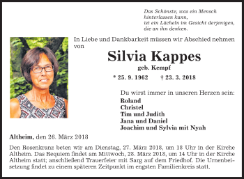 Traueranzeige von Silvia Kappes von Fränkische Nachrichten